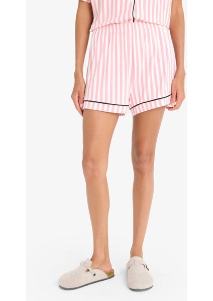 Regular Fit Pijama Takımı Çizgili Kısa Kollu Üst Esnek Şort-Fall in Love B8720AX25SM