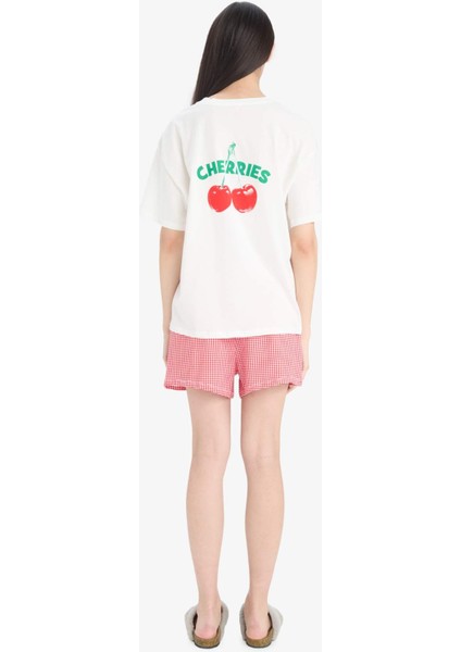 Regular Fit Pijama Takımı Kısa Kollu Baskılı Üst Beli Lastikli Şort-Fall in Love F1958AX25SP