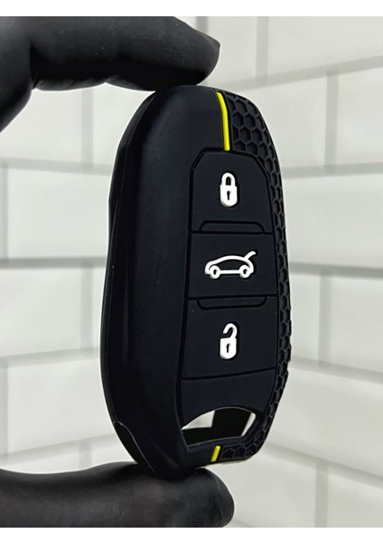 Peugeot 208 308 408 508 2008 3008 5008 Petek Desenli Smart Anahtar Kılıfı Siyah Sarı