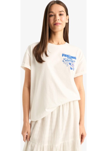 Oversize Geniş Kalıp Bisiklet Yaka Sırt Baskılı Kısa Kollu Tişört