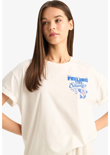 Oversize Geniş Kalıp Bisiklet Yaka Sırt Baskılı Kısa Kollu Tişört