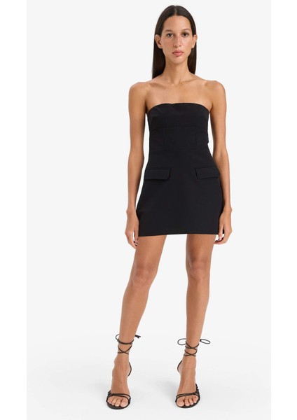 Straplez Basic Düz Mini Elbise