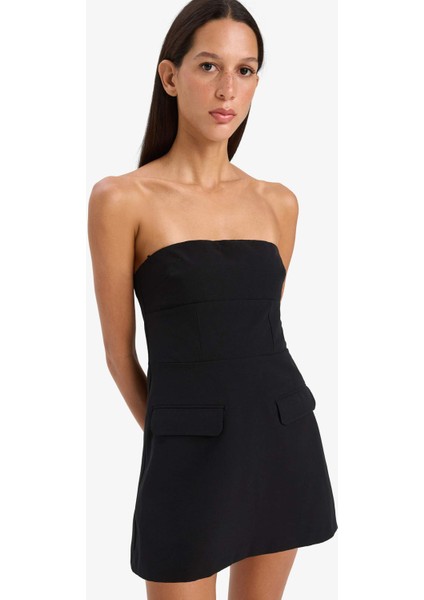 Straplez Basic Düz Mini Elbise