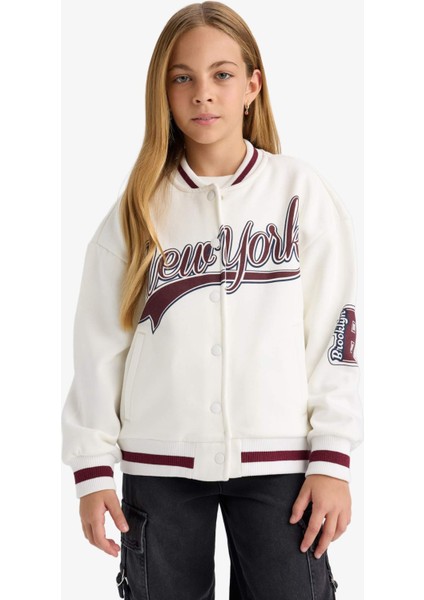 Kız Çocuk Baskılı Kolej Yaka Bomber Ceket F2295A825AU