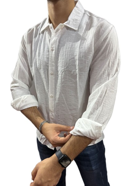 Lastman Erkek Oversize Keten Gömlek Beyaz