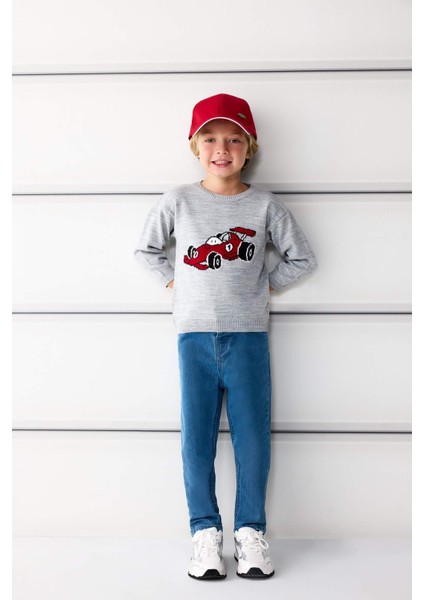 Erkek Bebek Bisiklet Yaka Araba Baskılı Triko Kazak F2586A525WN