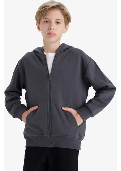 Erkek Çocuk Kapüşonlu Basic Düz Okul Fermuarlı Sweatshirt X7382A625WN