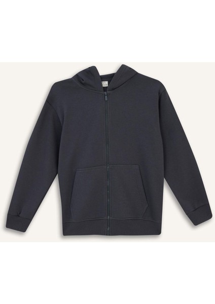 Erkek Çocuk Kapüşonlu Basic Düz Okul Fermuarlı Sweatshirt X7382A625WN