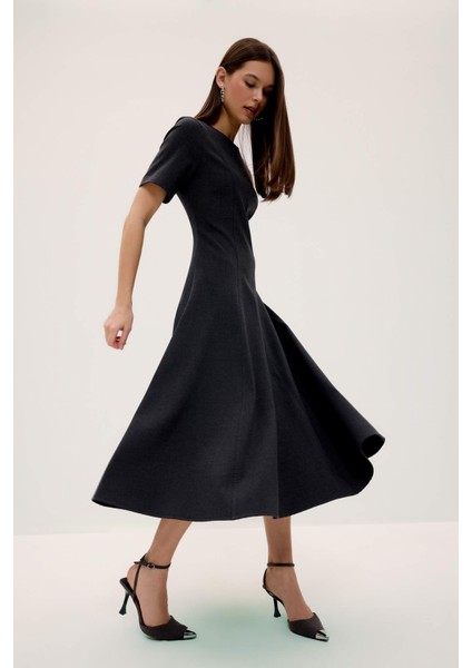 Bisiklet Yaka Basic Düz Kısa Kollu Midi Yazlık Elbise F3816AX25SM