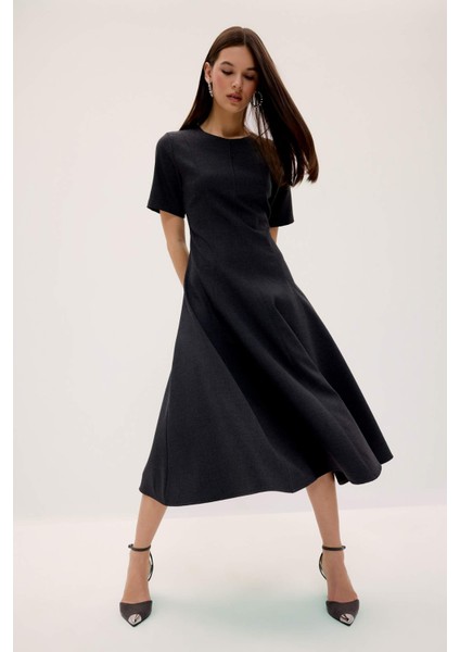 Bisiklet Yaka Basic Düz Kısa Kollu Midi Yazlık Elbise F3816AX25SM