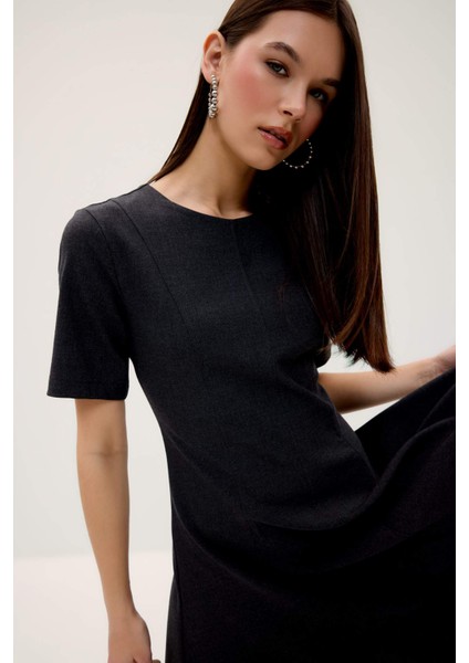 Bisiklet Yaka Basic Düz Kısa Kollu Midi Yazlık Elbise F3816AX25SM