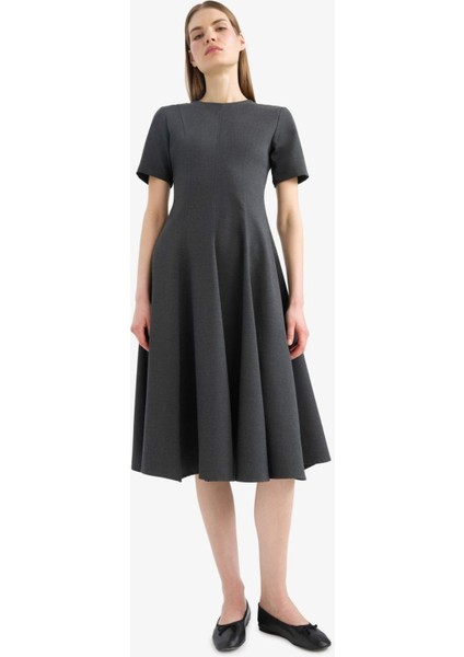 Bisiklet Yaka Basic Düz Kısa Kollu Midi Yazlık Elbise F3816AX25SM