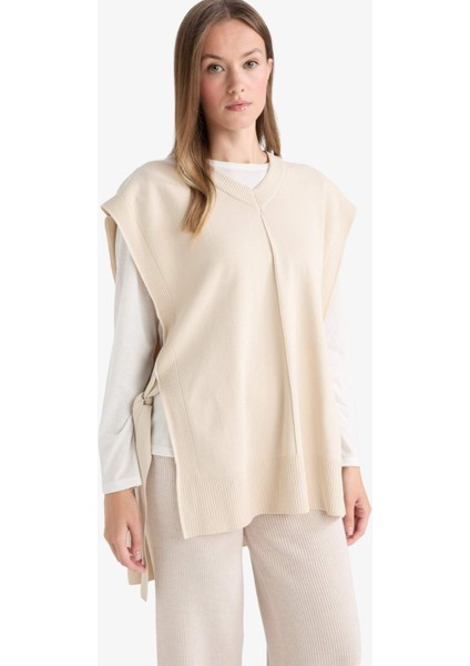 V Yaka Yandan Bağlamalı Triko Süveter F1100AX25AU
