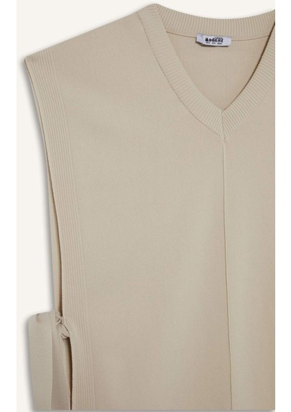 V Yaka Yandan Bağlamalı Triko Süveter F1100AX25AU