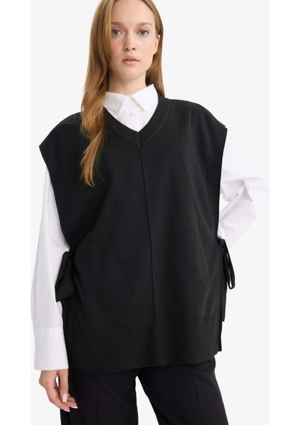 V Yaka Yandan Bağlamalı Triko Süveter F1100AX25AU