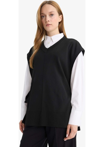 V Yaka Yandan Bağlamalı Triko Süveter F1100AX25AU