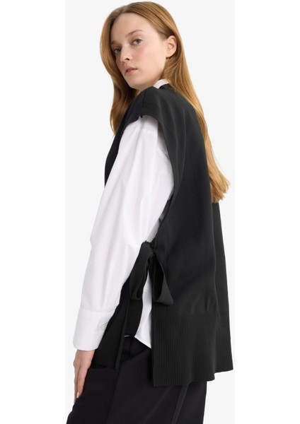 V Yaka Yandan Bağlamalı Triko Süveter F1100AX25AU