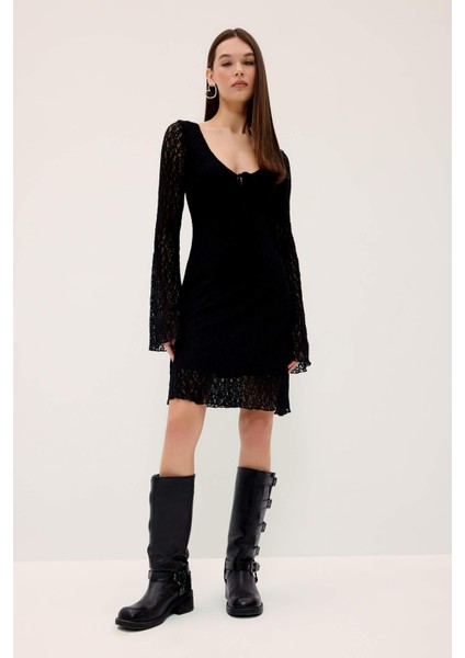 V Yaka Dantel Uzun Kollu Mini Elbise F3465AX25SP