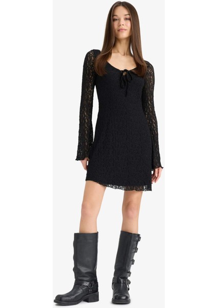 V Yaka Dantel Uzun Kollu Mini Elbise F3465AX25SP