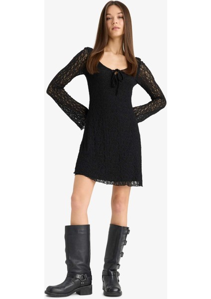 V Yaka Dantel Uzun Kollu Mini Elbise F3465AX25SP