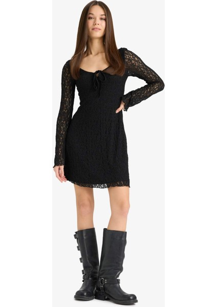 V Yaka Dantel Uzun Kollu Mini Elbise F3465AX25SP