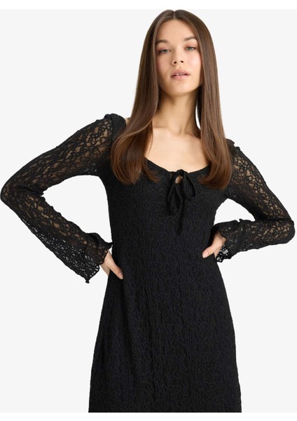 V Yaka Dantel Uzun Kollu Mini Elbise F3465AX25SP