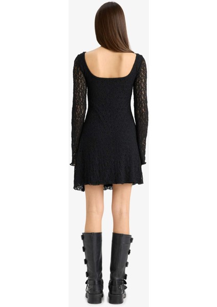 V Yaka Dantel Uzun Kollu Mini Elbise F3465AX25SP