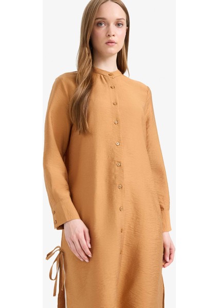 Regular Fit Basic Düz Yanları Bağcıklı Uzun Kollu Tesettür Gömlek Tunik F2182AX25SM
