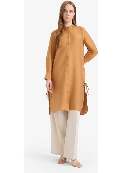 Regular Fit Basic Düz Yanları Bağcıklı Uzun Kollu Tesettür Gömlek Tunik F2182AX25SM