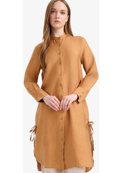 Regular Fit Basic Düz Yanları Bağcıklı Uzun Kollu Tesettür Gömlek Tunik F2182AX25SM
