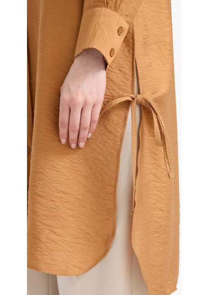 Regular Fit Basic Düz Yanları Bağcıklı Uzun Kollu Tesettür Gömlek Tunik F2182AX25SM