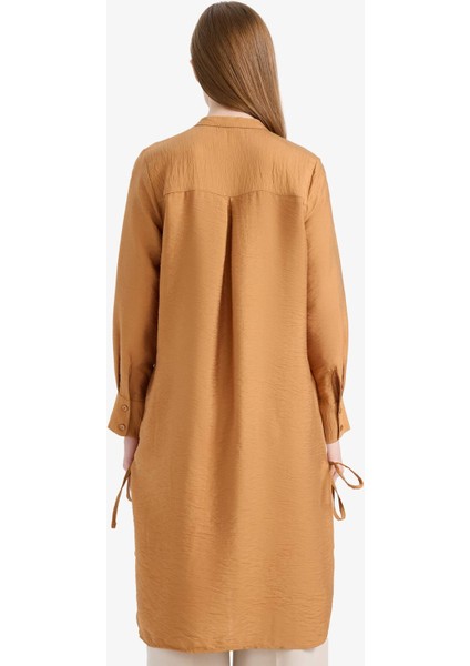 Regular Fit Basic Düz Yanları Bağcıklı Uzun Kollu Tesettür Gömlek Tunik F2182AX25SM