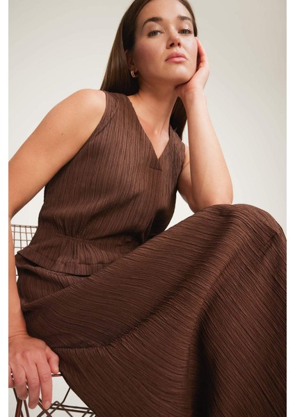 V Yaka Gofre Dokulu Kolsuz Midi Yazlık Elbise F3408AX25SM