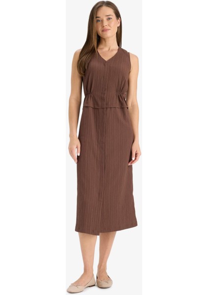 V Yaka Gofre Dokulu Kolsuz Midi Yazlık Elbise F3408AX25SM