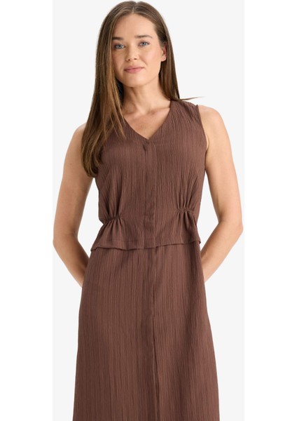 V Yaka Gofre Dokulu Kolsuz Midi Yazlık Elbise F3408AX25SM