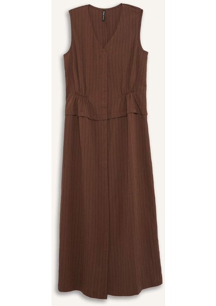 V Yaka Gofre Dokulu Kolsuz Midi Yazlık Elbise F3408AX25SM