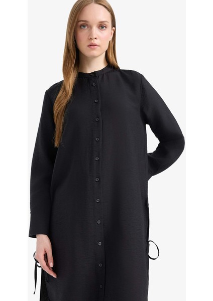 Regular Fit Basic Düz Yanları Bağcıklı Uzun Kollu Tesettür Gömlek Tunik F2182AX25SM