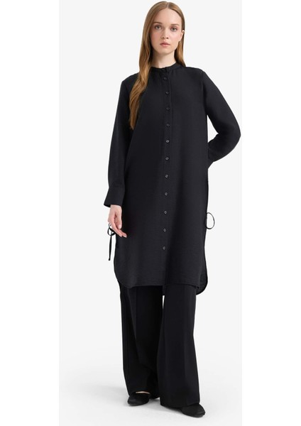 Regular Fit Basic Düz Yanları Bağcıklı Uzun Kollu Tesettür Gömlek Tunik F2182AX25SM