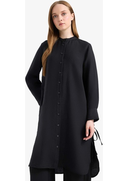 Regular Fit Basic Düz Yanları Bağcıklı Uzun Kollu Tesettür Gömlek Tunik F2182AX25SM