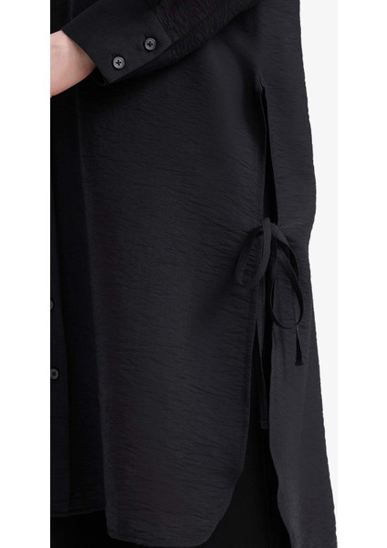 Regular Fit Basic Düz Yanları Bağcıklı Uzun Kollu Tesettür Gömlek Tunik F2182AX25SM