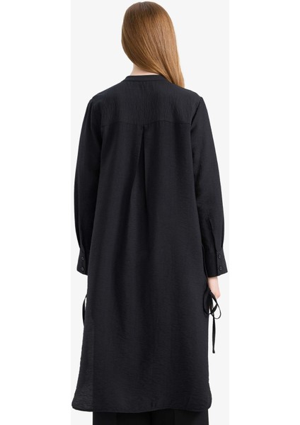 Regular Fit Basic Düz Yanları Bağcıklı Uzun Kollu Tesettür Gömlek Tunik F2182AX25SM