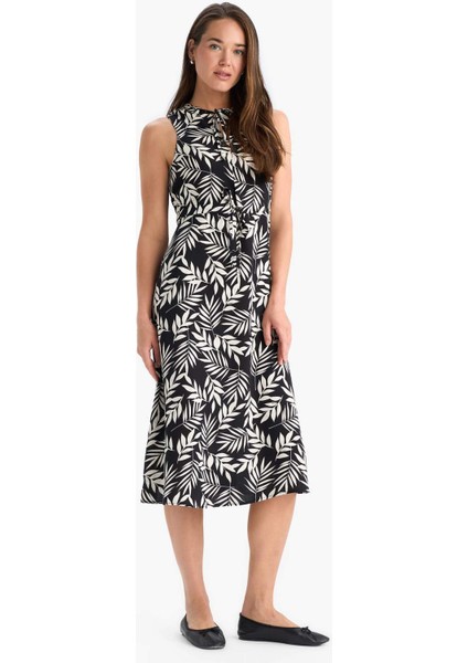 Regular Fit Büzgülü Yaka Çİçek Desenli Kolsuz Midi Yazlık Elbise E9436AX25SM