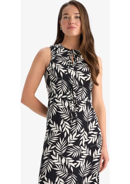 Regular Fit Büzgülü Yaka Çİçek Desenli Kolsuz Midi Yazlık Elbise E9436AX25SM