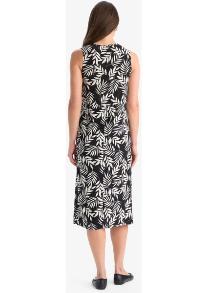 Regular Fit Büzgülü Yaka Çİçek Desenli Kolsuz Midi Yazlık Elbise E9436AX25SM