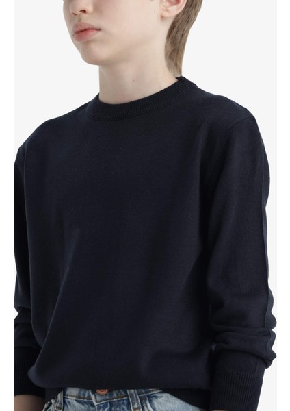 Erkek Çocuk Okul Basic Düz Bisiklet Yaka Triko Kazak F3734A825AU