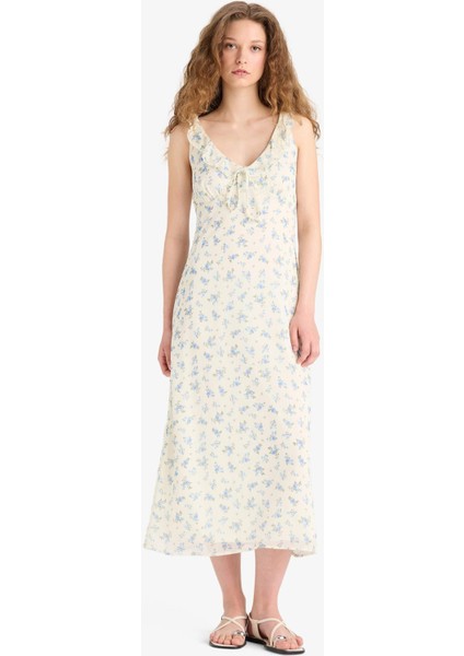 V Yaka Çiçekli Şifon Kolsuz Midi Yazlık Elbise F2007AX25SM