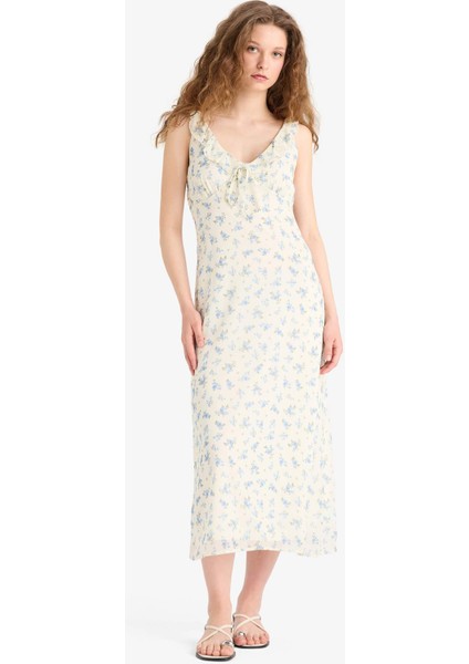 V Yaka Çiçekli Şifon Kolsuz Midi Yazlık Elbise F2007AX25SM