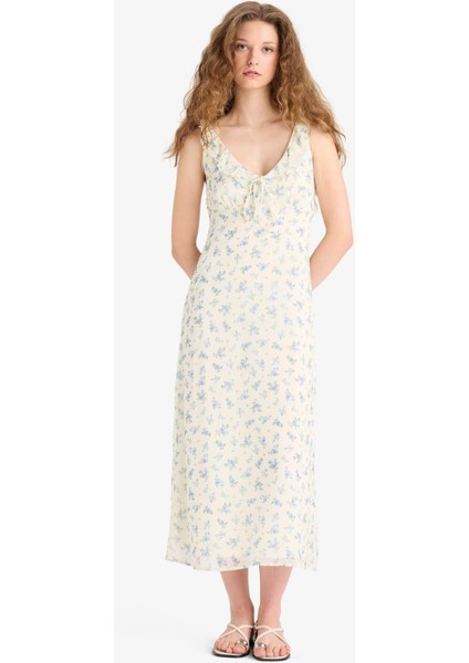 V Yaka Çiçekli Şifon Kolsuz Midi Yazlık Elbise F2007AX25SM