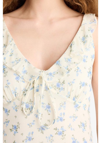 V Yaka Çiçekli Şifon Kolsuz Midi Yazlık Elbise F2007AX25SM