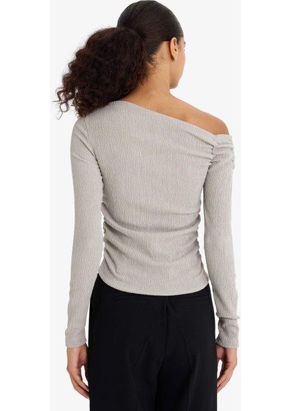Slim Fit Dar Kesim Tek Omuzlu Bürümcük Uzun Kollu Bluz F3934AX25AU